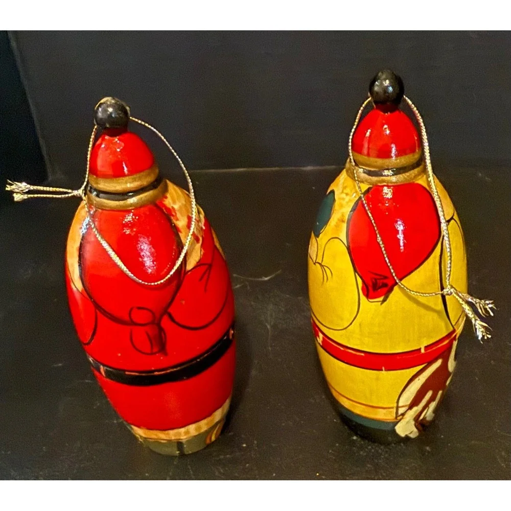 Christmas Holiday Ornaments Red Yellow Hand Painted Wood Santa Set Of 2